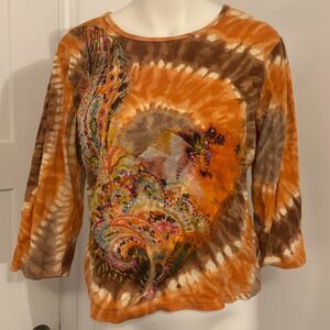 Y2K Gaudy Couture size XL Orange and Brown Boho Tie Dye Swirl Long Sleeve Top